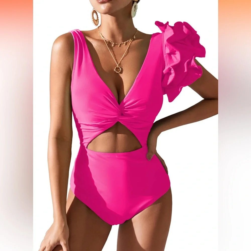 Barbie Hot Pink Ruffled Cut-Out Plunging Swimsuit